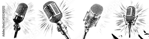 A hand-drawn, vintage-style illustration of an old retro microphone is set against a plain white background