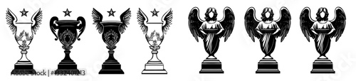 A set of icons representing cups for awards, including a first place winner, trophy cup, sports award, and goblet, is available, featuring a modern illustration of a monochrome cup statue and high