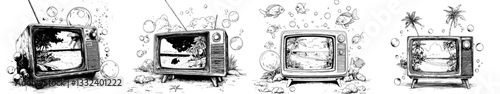 Modern illustration of a tv underwater, created as a sketch engraving, suitable for a t-shirt apparel print design, resembling a scratch board imitation, in black and white hand drawn image style