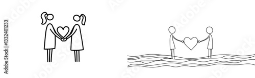 Two friends are clasped together, symbolized by a heart at their center, embodying the concept of teammates and love, set against a backdrop of human rights illustrations