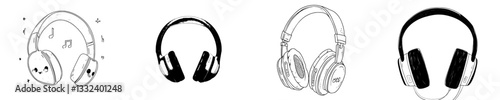 A cute cartoon illustration of wireless headphones is hand drawn in a simple colored doodle style as a flat modern headset sticker, serving as a music device icon or print, isolated on a white