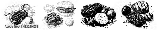 A hand-drawn set of modern barbecue ingredients, including beef, pork, sausage, meat fillet, and ribs, is showcased in a neoteric style, perfect for a fresh BBQ party