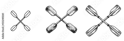 Modern art featuring oars is presented in a hand drawn engraving style with a black color illustration