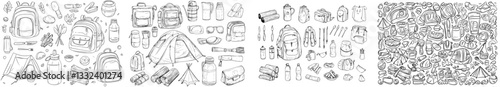 A vast collection of hiking gear is depicted in a hand-drawn doodle style, featuring items for summer camping and trekking, along with travel supplies icons for an outdoor base camp, presented as a