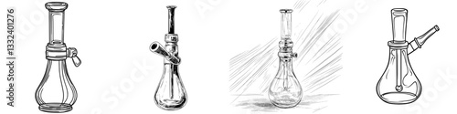 A modern, hand-drawn sketch of a glass bong is isolated on a white background, representing a device used for smoking cannabis, similar to a hookah for marijuana
