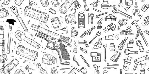 A seamless pattern featuring hand-drawn construction tools is presented in a doodle style, showcasing various working and building tools in a sketch-like manner, including a saw, hammer, wrench,