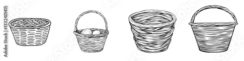A modern wicker basket is depicted in a hand drawn sketch style illustration