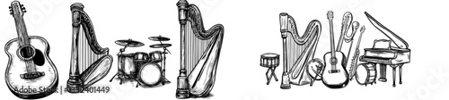 A large collection of musical instruments is depicted in a hand-drawn style, characterized by modern black and white doodle illustrations