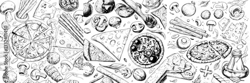 The modern illustration depicts a seamless hand-drawn pattern of pizza doodles, featuring different slices in a sketch style