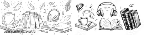 The set in question is an aesthetic study setup, consisting of a stack of books, coffee, and headphones, depicted in a modern line art illustration
