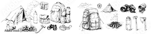 A set of camping concepts is presented through outdoor activities like hiking, with a collection of objects drawn in a vintage-modern sketch style illustration