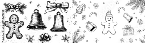 A Christmas concept is illustrated by design elements hand drawn in a vintage sketchy style, accompanied by modern engravings of holiday decorations