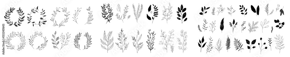 A set of hand-drawn floral wreaths featuring tree branches and leaves on a white background, ideal for wedding and funeral invitations, cards, decorations, logos, emblems, rewards, and templates A set of hand-drawn floral wreaths featuring tree branches and leaves on a white background, ideal for wedding and funeral invitations, cards, decorations, logos, emblems, rewards, and templates