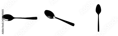 A contemporary solitary spoon is represented by a single hueless black and white outline, silhouette, and shadow form