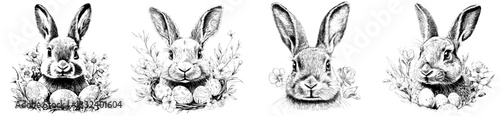 A hand-drawn engraving sketch of the Easter Bunny sitting in flowers with eggs is a modern illustration