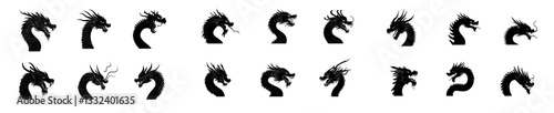 A collection of dragon heads with mouths agape and fangs exposed, showcasing various enraged facial expressions, suitable for tattoos, emblems, or logos, set against a white backdrop
