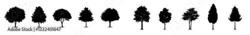 Modern illustration featuring tree silhouettes on a white background