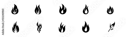 Modern icons of fire flames are part of a collection that also features fire and flame icons, including those of bonfires and other flaming elements