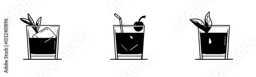 Modern line art illustration of a Black Russian cocktail