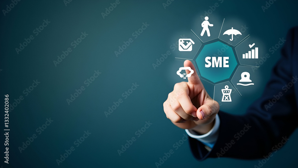 Flat Hand pointing at holographic SME business growth icons with various business related symbols representing growth strategy success of small and medium sized enterprises in empty space concept as H Flat Hand pointing at holographic SME business growth icons with various business related symbols representing growth strategy success of small and medium sized enterprises in empty space concept as H
