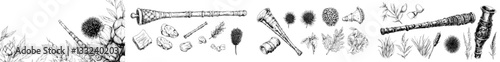 A hand-drawn modern sketch in ink featuring isolated objects, including symbols of Scotland such as menswear, tartan kilts, berets, bagpipes, sporran pouches, and thistle flowers, suitable for