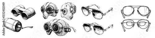 Modern illustration of vintage opera glasses in a sketch style, mimicking old hand carvings, depicting a black and white antique object