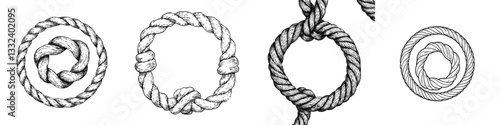 A hand-drawn circle rope frame featuring a free-style node, serves as a sketch of a nautical design element, ideal for marine and western designs, presented as a modern illustration isolated on white