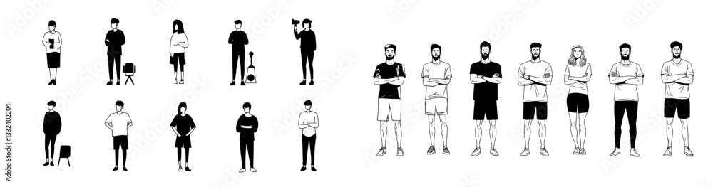 3. Modern-looking figures in silhouette with shadows on a simple white backdrop 3. Modern-looking figures in silhouette with shadows on a simple white backdrop