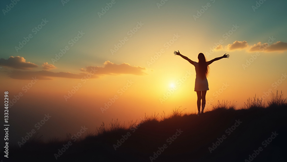 Celebrating New Beginnings: Silhouette of Woman Welcoming 2019