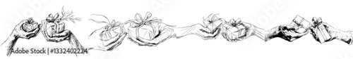 Line art features hand-drawn illustrations of people exchanging gifts, symbolizing love and harmony during holidays
