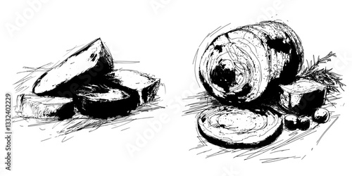 The image depicts a solitary slice of cured meat, such as prosciutto, bacon, or jamon, set against a plain white backdrop, perfect for print or digital use in the food industry
