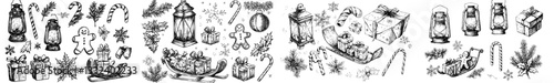 A vintage Christmas concept featuring hand-drawn retro objects for holiday decoration in a modern sketch illustration style