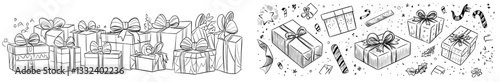 The illustration is hand drawn and consists of doodle illustrations of gift boxes, presented as a set of line drawings in a modern and cartoonish doodle style with a hand drawn pattern