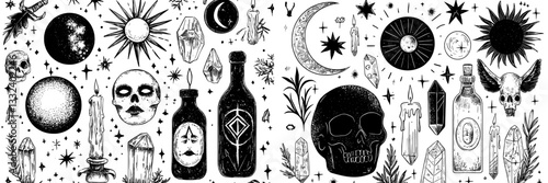 Line art collection of occult and spiritual doodles, showcasing symbols such as the sun, moon, flowers, eyes, hands, moths, and hourglasses in a modern style