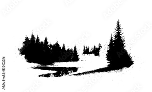 In this modern illustration, a peaceful forest lake or river is set amidst pine trees on the shore, captured in a hand-drawn sketch style to create a panoramic rural landscape of natural beauty