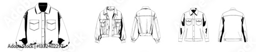 Drop Shoulder Zip Up Denim Jacket Fashion Flat Sketch Modern Illustration, CAD, Technical Drawing, Flat Drawing, Template, Mockup