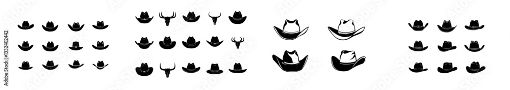 A modern collection of outlined and silhouette black cowboy hat icons, presented as illustrations on a white background A modern collection of outlined and silhouette black cowboy hat icons, presented as illustrations on a white background