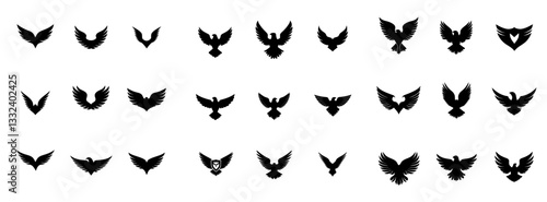 A collection of clean, modern silhouette icons featuring birds with open wings, along with a logo outline of flying birds2