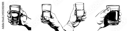 A man's hand is grasping a glass of vodka in this vintage-style modern engraving illustration