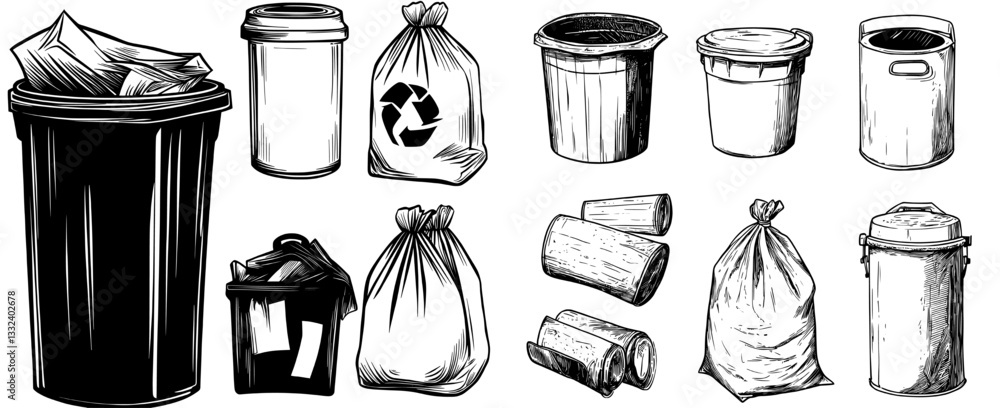 Fototapeta premium Modern illustration featuring trash bin, pack, and box as collection design elements in monochrome sketch style isolated on white background