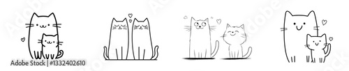 Here are five rephrased versions of the description:1. A coloring page featuring a mother cat and her baby cat snuggling together