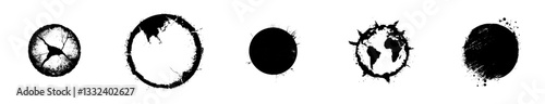 Monochrome depiction of a volcanic planet, presented as a black grunge orb against a white backdrop