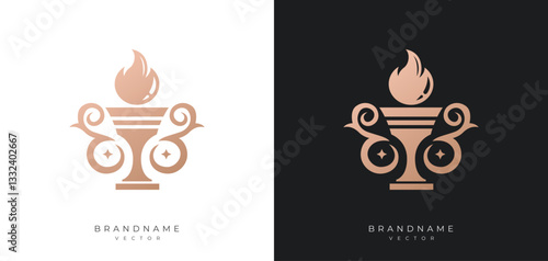 Torch vector design silhouette, luxury trophy cup illustration with flame designs, elegant shapes, olympic torch variations, stylized wings symbols