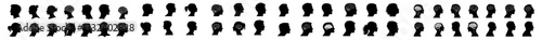 Silhouette of diverse human profiles, various hairstyles, collection of brains, black head shapes, embodying people concept, set against a white background, featuring both male and female figures,