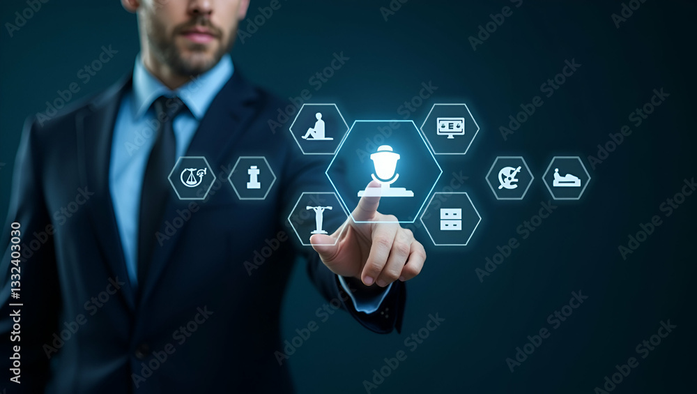 Exploring the Intersection of Law and AI: Man Interacts with Holographic Justice Icons on Digital Interface, Symbolizing Copyright and Regulations in Empty Space Exploring the Intersection of Law and AI: Man Interacts with Holographic Justice Icons on Digital Interface, Symbolizing Copyright and Regulations in Empty Space