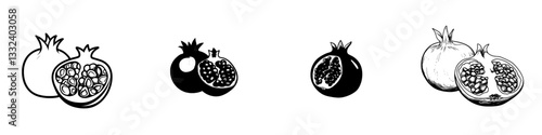 Modern composition of whole pomegranate and halves, created as a botanical black and white illustration in linocut style. Ideal for food packaging, cosmetics, menus, recipes, and postcards