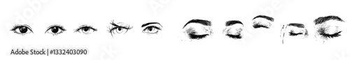 Eyes collection featuring modern black and white artwork. Includes detailed eyelashes with various expressions in silhouette