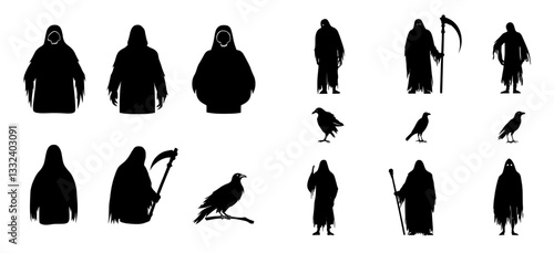 grim reaper silhouette in modern style, black design on white background