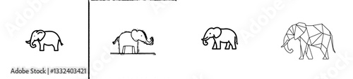 Modern, isolated, and single contemporary line art minimal elephant icon in black and white contour line, easy to draw