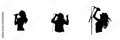Woman singer with a microphone and gray cable, singing loudly in silhouette, isolated modern illustration on a white background
